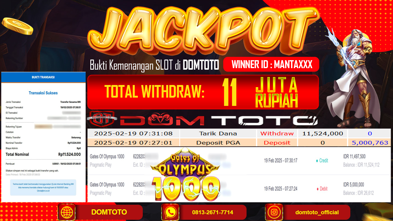 JACKPOT SLOT GATES OF OLYMPUS 1000 19 FEBRUARI 2025
